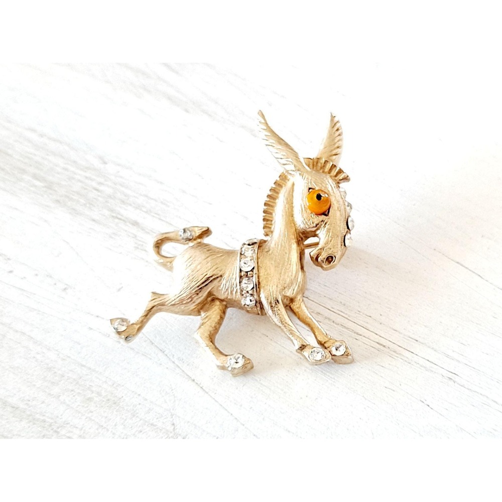 Vintage Weiss Brooch Goldtone Donkey Rhinestone Figural Whimsical